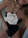 ZASUWA Female Contrast Color Halter Hollow Out Flower One Piece