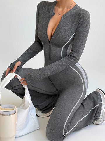 ZASUWA Female Contrast Color Stripes Zipper Peach Booty Jumpsuit