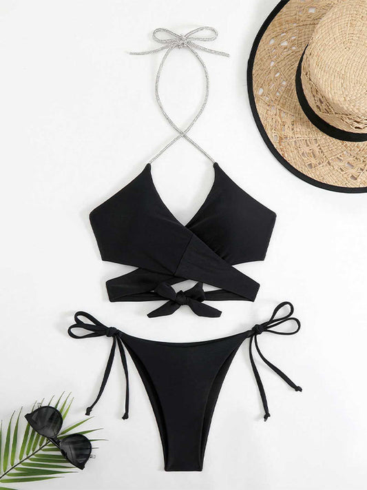 ZASUWA Female Halter Sexy Shining Stripes Bikini Set