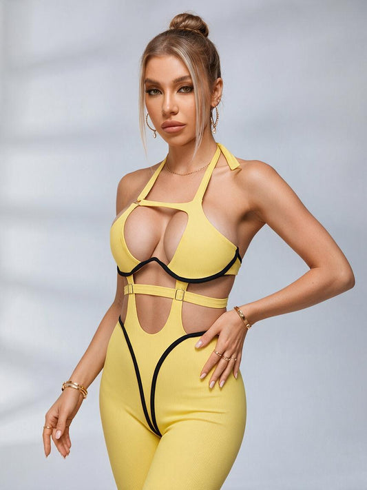 Sexy Contrast Color Stripe Hollow Out Jumpsuit