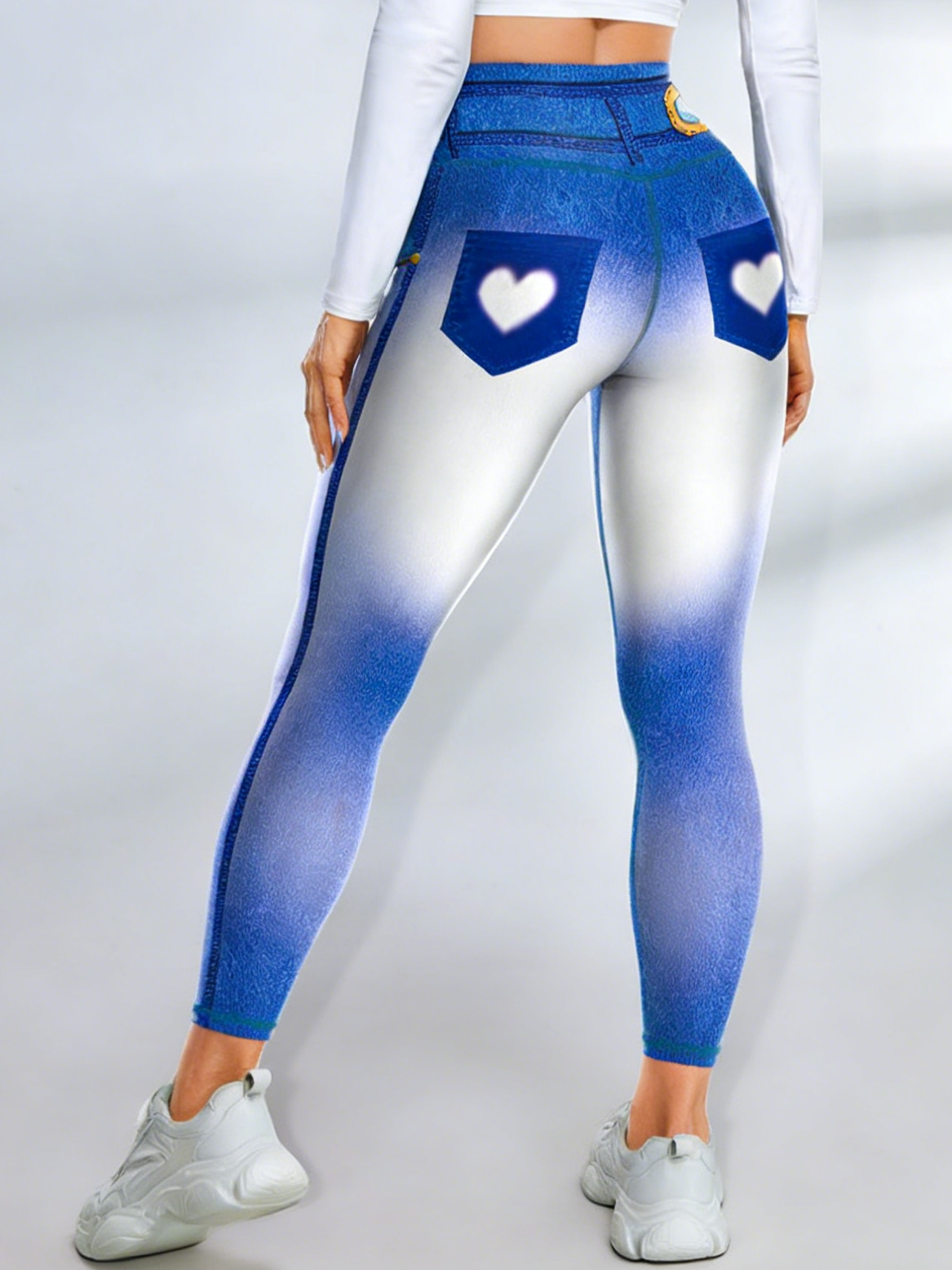 Ombre Faux Denim Pocket Heart Print Leggings