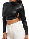 ZASUWA Female Sexy Glossy Faux Leather Lace-up Crop Top Long Sleeves