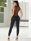 ❤ZASUWA Female Sexy Sheer Mesh Back Deep V Back Scrunch Bum Zipper Jumpsuit