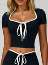 ZASUWA Female Contrast Color V-neck Lace-up Short Sleeves