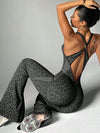 ZASUWA Female Sexy Leopard Print Hollow Out Cross Back Deep V Back Jumpsuit