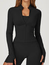 ZASUWA Female Solid Color Stand Up Collar Zipper Thumbholes Jacket
