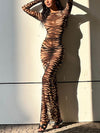 ZASUWA Female Tiger Stripe Print Round Neck Mesh Dress