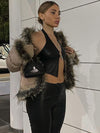 ZASUWA Female Halter Faux Leather Backless with Metal Ring Hollow Out Corset Tank