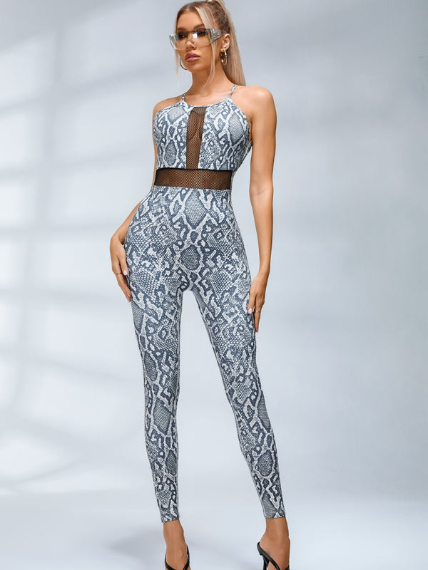 Sexy Fishnet Snake Print Backless Jumpsuits