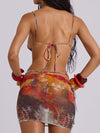 ZASUWA Female Fashion Sexy Natural Texture Print Mesh 3-Pieces Hollow Out Bikini Set