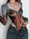 ZASUWA Female Hot Tie-dye Print Sexy Sheer Mesh Bodysuit