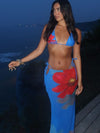 ZASUWA Female Halter Flower Print Mesh 3-Pieces Bikini Set