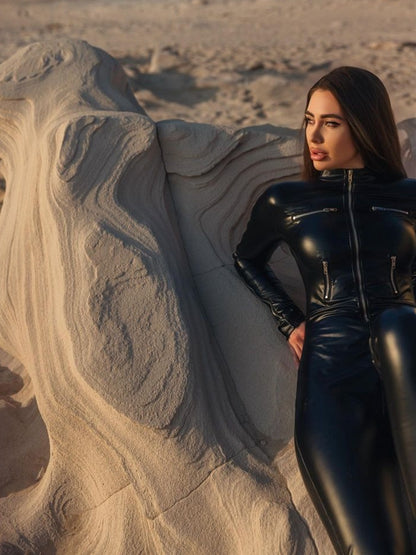🖤ZASUWA بدلة نسائية عصرية بسحاب من الجلد الصناعي
