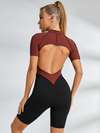 Contrast Color Backless Stitch Zipper Short Romper
