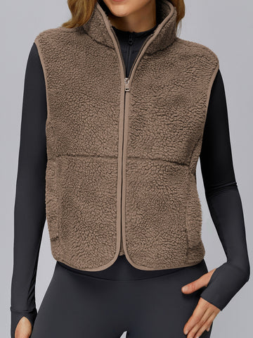 ZASUWA Female Fleece Zipper Pocket Stand Up Collar Vest Jacket