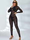 ZASUWA Female Sexy Leopard Print Mesh Long Sleeves Jumpsuit