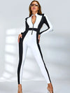 "SciFi Heroine" Contrast Color PU Half Zipper Jumpsuit