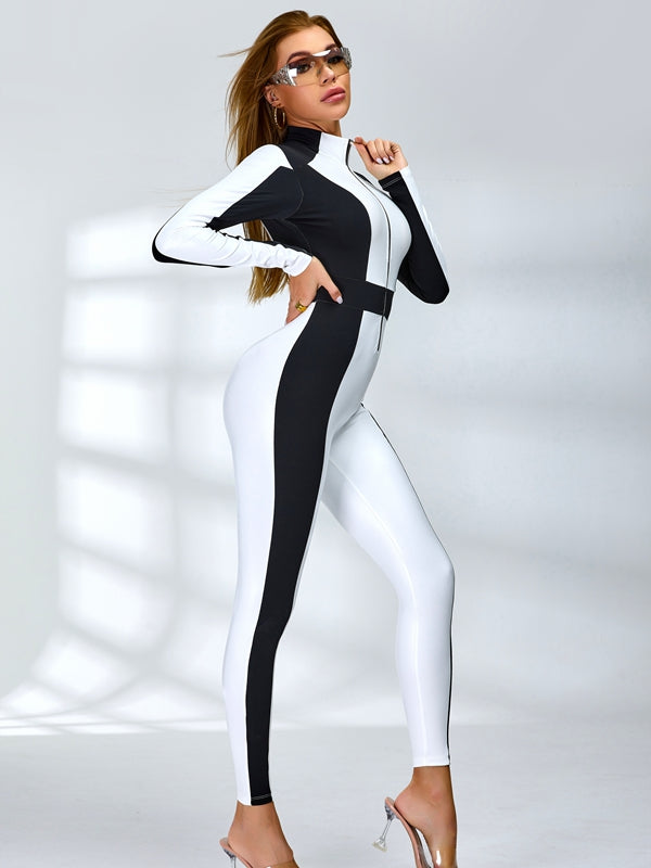 "SciFi Heroine" Contrast Color PU Half Zipper Jumpsuit