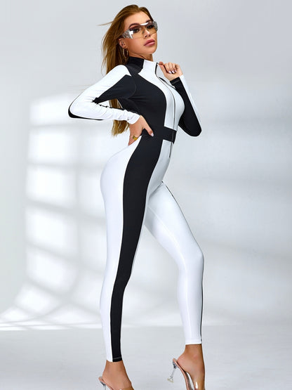 "SciFi Heroine" Contrast Color PU Half Zipper Jumpsuit