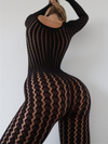 Eleganter, nahtloser, gestreifter Jacquard-Jumpsuit mit langen Ärmeln