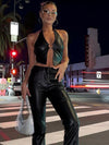 ZASUWA Female Halter Faux Leather Backless with Metal Ring Hollow Out Corset Tank