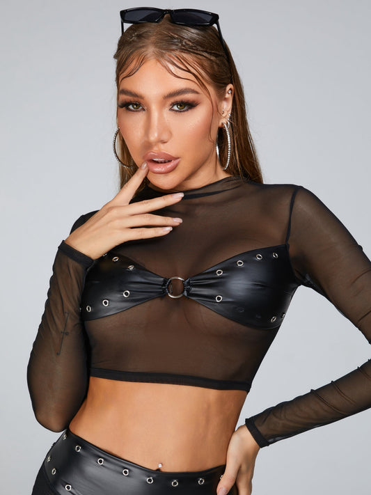 🖤ZASUWA Female Rivet Sheer Mesh Quick-dry Long Sleeves