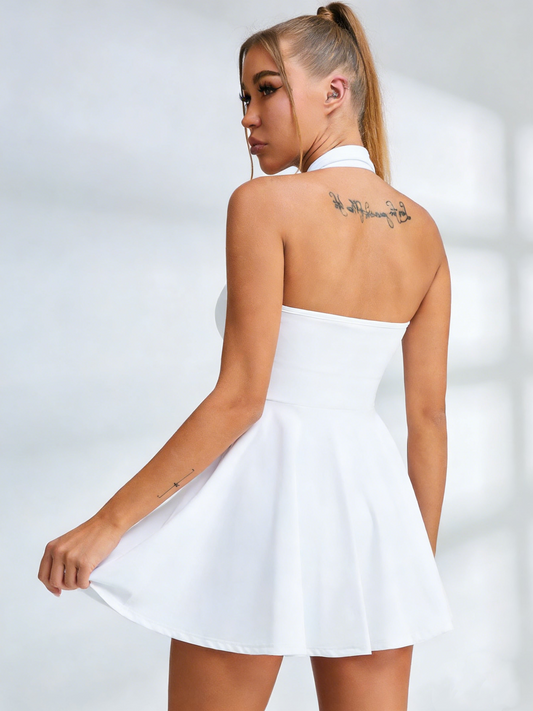 Stand up collar Backless 2 in1 Pocket Short Dress