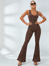 Sexy Leopard Print Hollow Out Cross Back Deep V Back Jumpsuit