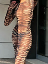 ZASUWA Female Tiger Stripe Print Round Neck Mesh Dress