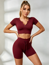 Knitted Chest Zipper Drawstring Ribbed Short Tracksuit