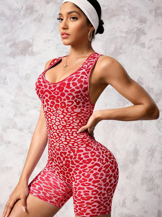 ZASUWA Female Sexy Leopard Print Cross Back Deep V Back Scrunch Bum Romper