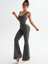 ZASUWA Female Sexy Leopard Print Hollow Out Cross Back Deep V Back Jumpsuit