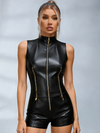 Sexy Glossy Faux Leather Zipper Elastic Tight Romper