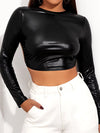 ZASUWA Female Sexy Glossy Faux Leather Lace-up Crop Top Long Sleeves