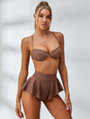Chic Mocha Ribbed With Ruffled Skort Bottom Skirt Suit