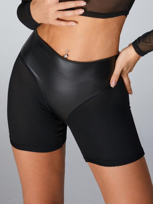 🖤ZASUWA Female Fly-eye Quick-dry Faux Leather Spandex Gym Booty Shorts