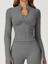 ZASUWA Female Solid Color Stand Up Collar Zipper Thumbholes Jacket