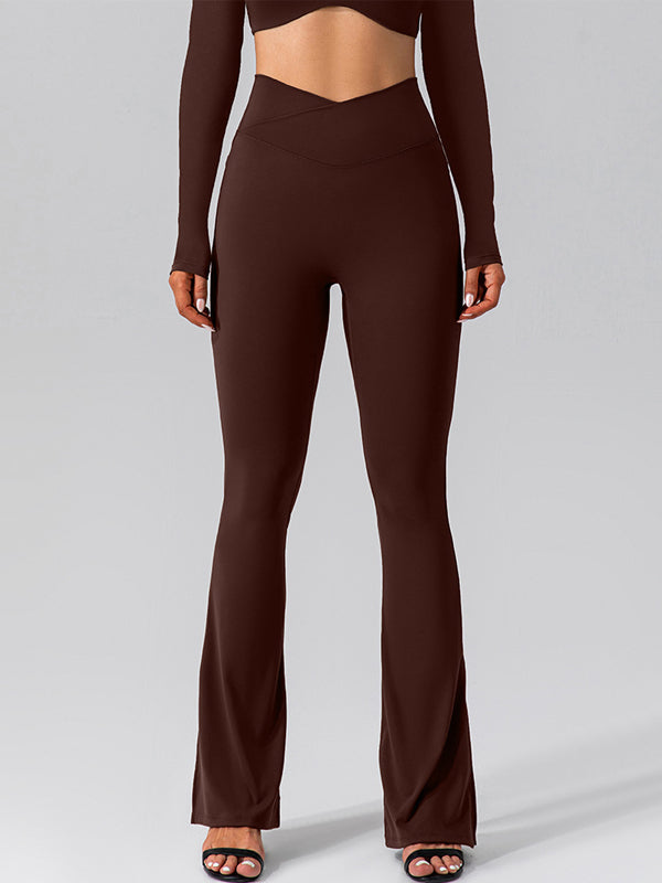 V-shape Waist Pocket Solid Color Split High-waisted Flare Pants