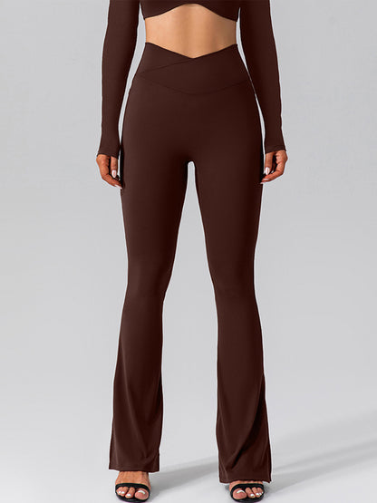 V-shape Waist Pocket Solid Color Split High-waisted Flare Pants