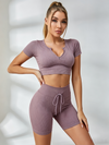 Knitted Chest Zipper Drawstring Ribbed Short Tracksuit