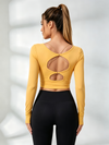 Hollow Out Faux Denim Cross Back Backless Yoga Long Sleeves