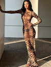 ZASUWA Female Tiger Stripe Print Round Neck Mesh Dress