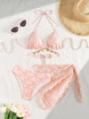ZASUWA Female Sexy 3 Pieces Petal Mesh Metal Chain Beach Bikini Set