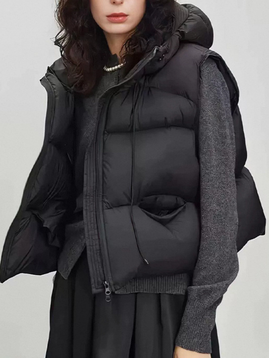 Pocket Zipper Warm With Hat Coat Vest