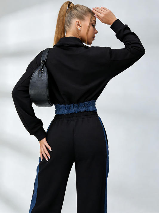 ZASUWA Female Sexy Denim Contrast Color Pocket Casual Tracksuit