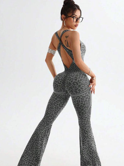 Sexy Leopard Print Hollow Out Cross Back Deep V Back Jumpsuit
