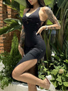 ZASUWA Female Solid Color Cross Back Hollow Out Split Dress