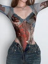ZASUWA Female Hot Tie-dye Print Sexy Sheer Mesh Bodysuit
