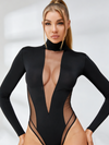 Sexy Deep V See-Through Mesh Patchwork Long Sleeve Bodysuit