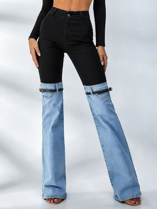 Contrast Color Denim Flare Fashion Pants